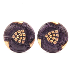 Lot (2) Czech gold gilt iridescent black glass shankless buttons cabochons 27mm