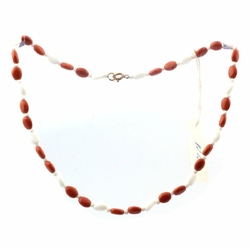Vintage Czech necklace white brown flat oval glass beads