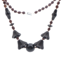 Vintage Art Deco Czech necklace black flower bell glass beads DRGM