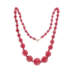 Vintage Deco Czech necklace lampwork hollow hand spun lattice red glass beads