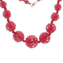 Vintage Deco Czech necklace lampwork hollow hand spun lattice red glass beads