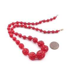 Vintage Deco Czech necklace lampwork hollow hand spun lattice red glass beads