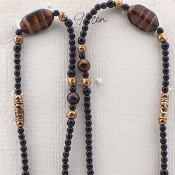 Vintage Czech necklace element glasses holder caramel striped black glass beads 35"