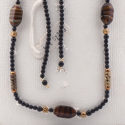 Vintage Czech necklace element glasses holder caramel striped black glass beads 35"