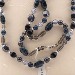 Long vintage Czech necklace black hematite marble glass beads 40"