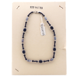 Vintage Czech necklace dark blue marble striped round oval glass beads 16"