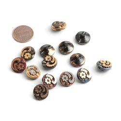 Lot (14) Antique 1850s Czech floral swirl gold gilt embossed black glass buttons