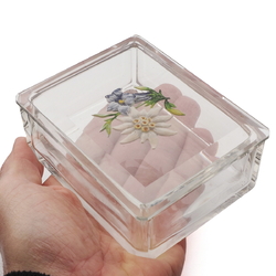 Art Deco Czech intaglio hand painted Gentian Edelweiss flowers crystal glass box Heinrich Hoffmann