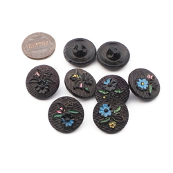 Lot (8) Czech Deco vintage black flower glass buttons 18mm