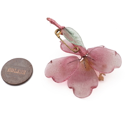 Vintage Czech pink red lampwork glass bead flower pin brooch