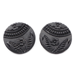 Lot (2) antique Victorian Czech lacy floral marcasite black glass buttons 22mm