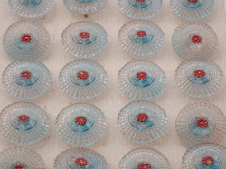 Card (24) vintage Deco Czech red flower aqua blue glass buttons 18mm