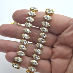 Crystal Navette MC Chaton Rhinestone raw brass cup chain Preciosa 10x5 mm One meter