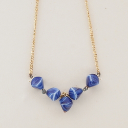 Vintage Czech gold link chain necklace blue marble glass beads 15"