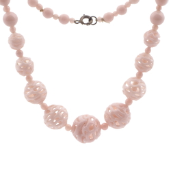Vintage Deco Czech necklace lampwork hollow hand spun lattice pink glass beads