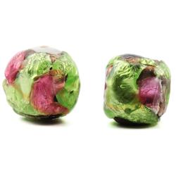 Lot (2) Vintage Czech foil lampwork pink green overlay cube glass beads 15mm