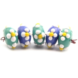 Lampwork glass beads lot (5) 18mm Czech floral overlay blue green rondelle wedding cake