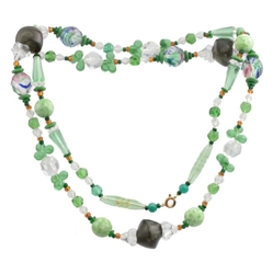 Vintage Czech necklace green marble clear flower English cut rainbow bicolor glass beads