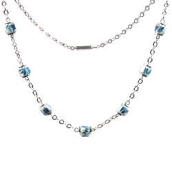 Vintage Bauhaus Art Deco chrome chain necklace galalith plastic blue marble octagon beads