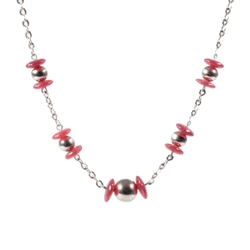 Vintage chrome chain necklace Czech carnelian red rondelle glass beads silver ball beads
