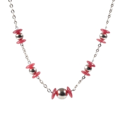 Vintage chrome chain necklace Czech carnelian red rondelle glass beads silver ball beads