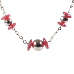 Vintage chrome chain necklace Czech carnelian red rondelle glass beads silver ball beads