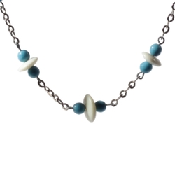 Vintage Art Deco chrome chain necklace Czech Uranium rondelle blue round glass beads