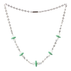 Vintage Art Deco chrome chain necklace Czech green rondelle frost crystal round glass beads