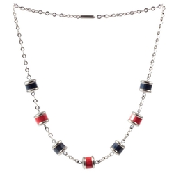 Vintage German Bauhaus chain necklace galalith red cobalt blue rondelle beads chrome caps