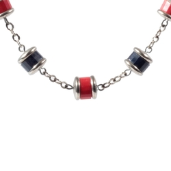 Vintage German Bauhaus chain necklace galalith red cobalt blue rondelle beads chrome caps