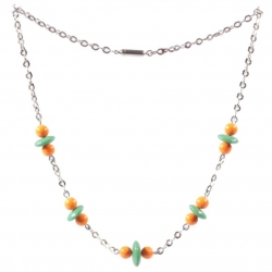 Vintage Art Deco chrome chain necklace Czech green rondelle orange round glass beads