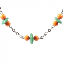 Vintage Art Deco chrome chain necklace Czech green rondelle orange round glass beads