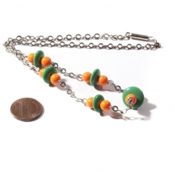 Vintage Art Deco chrome chain necklace Czech green rondelle orange round glass beads