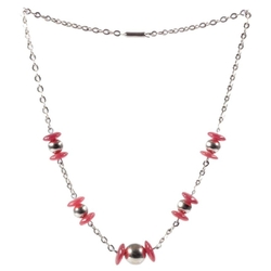 Vintage chrome chain necklace Czech carnelian red rondelle glass beads silver ball beads