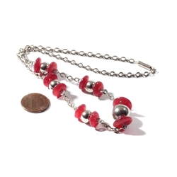 Vintage chrome chain necklace Czech carnelian red rondelle glass beads silver ball beads