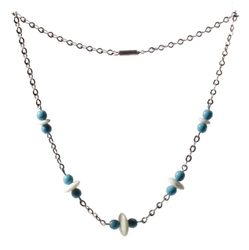 Vintage Art Deco chrome chain necklace Czech Uranium rondelle blue round glass beads