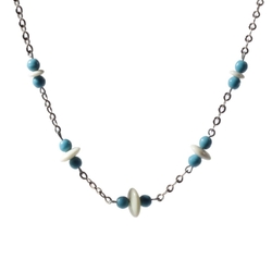 Vintage Art Deco chrome chain necklace Czech Uranium rondelle blue round glass beads