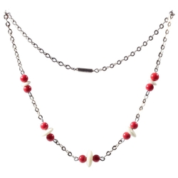 Vintage Art Deco chrome chain necklace Czech Uranium rondelle red round glass beads