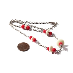 Vintage Art Deco chrome chain necklace Czech Uranium rondelle red round glass beads