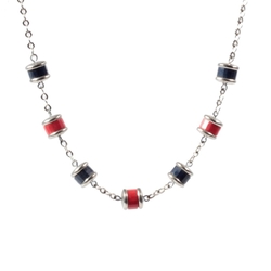 Vintage German Bauhaus chain necklace galalith red cobalt blue rondelle beads chrome caps