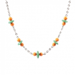 Vintage Art Deco chrome chain necklace Czech green rondelle orange round glass beads