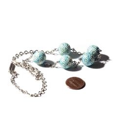 Vintage Deco chrome chain necklace galalith carved blue round beads