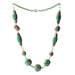 Vintage Art Deco necklace Czech silver lustre green carved flower glass beads