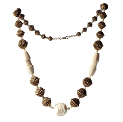 Vintage Art Deco necklace Czech uranium UV glow carved flower glass beads 