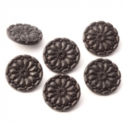 Lot (6) vintage Czech Daisy flower gloss black glass buttons 23mm