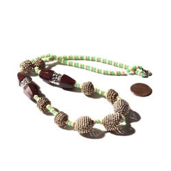 Vintage necklace Czech brown carved floral Art Deco glass beads