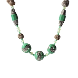 Vintage Art Deco necklace Czech silver lustre green carved flower glass beads