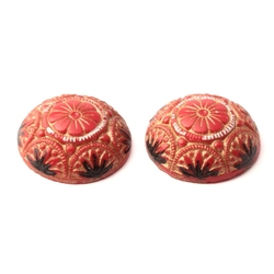 Lot (2) Czech vintage hand painted floral red glass cabochons 18mm