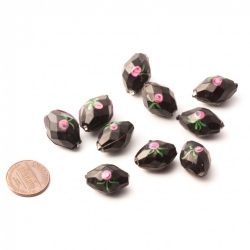 Antique 1880's Czech pink satin floral lampwork black oval faceted glass bead