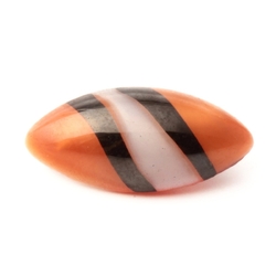 Antique Czech lampwork oval satin glass button; black orange white satin striped 20mm
